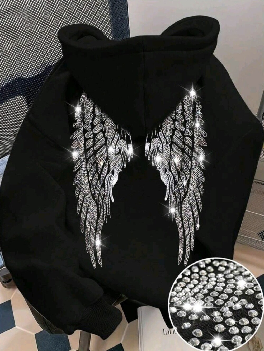 Women's Black Rhinestone Winged Glitter Sweatshirt, Cute Women's Sweatshirt